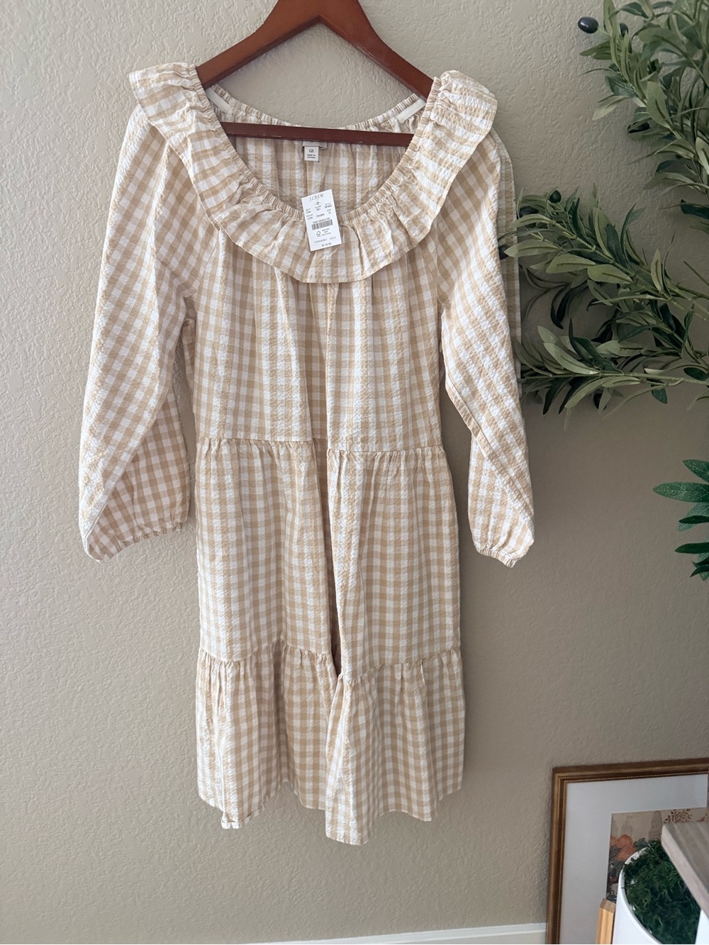 J. Crew Beige Gingham Ruffle-Neck Long Sleeve Dress